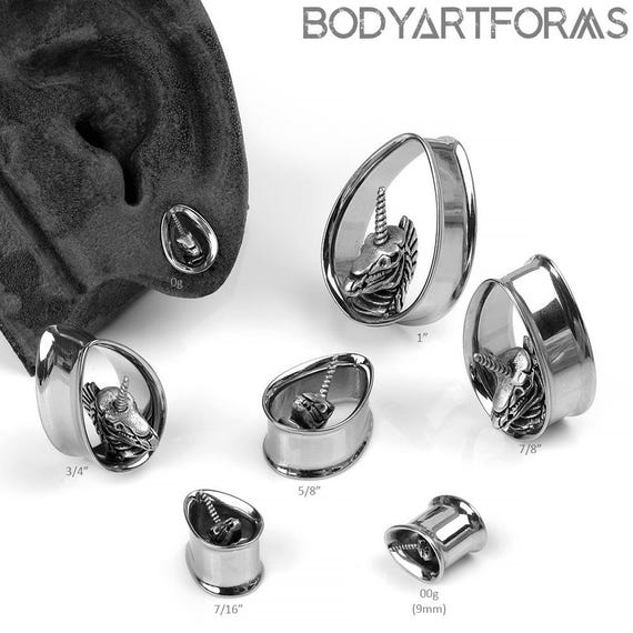 Double Flare Steel Unicorn Skull Teardrop Eyelets, 0g, 00g/9mm, 00g/10mm, 7/16", 1/2", 9/16", 5/8", 3/4", 7/8", 1" (Sold as pairs) :