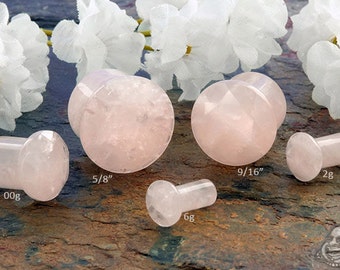 Single Flare Faceted Rose Quartz plugs 6g, 4g, 2g, 0g, 00g, 7/16" , 1/2", 9/16", 5/8" (Sold as pairs)