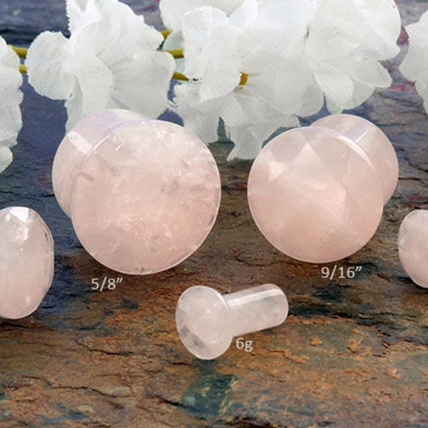Single Flare Faceted Rose Quartz plugs 6g, 4g, 2g, 0g, 00g, 7/16" , 1/2", 9/16", 5/8" (Sold as pairs)