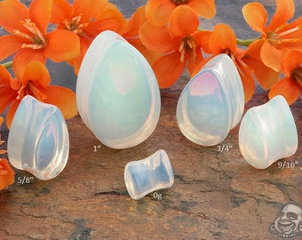 Opalite Teardrop plugs 0g (8mm), 00g (10mm), 7/16" (11mm), 12mm, 9/16" (14mm), 5/8" (16mm), 3/4" (19mm), 7/8" (22mm), 1" (25mm)
