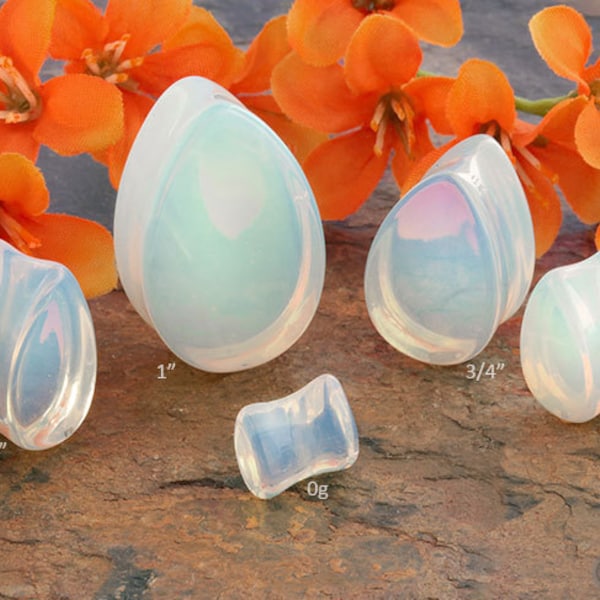 Opalite Teardrop plugs 0g (8mm), 00g (10mm), 7/16" (11mm), 12mm, 9/16" (14mm), 5/8" (16mm), 3/4" (19mm), 7/8" (22mm), 1" (25mm)