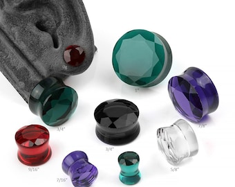 Glass Faceted Plugs 2g, 0g, 00g/10mm, 7/16", 1/2", 9/16", 5/8", 3/4", 7/8", 1" :