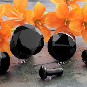 SF Faceted Black Agate plugs 6g, 4g, 2g, 0g, 00g, 7/16&quot;, 1/2&quot;, 9/16, 5/8 (Sold as pairs)