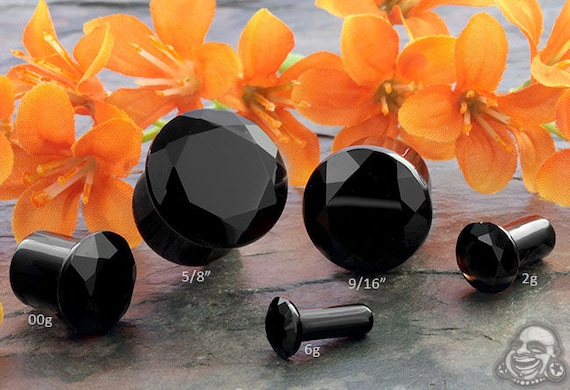SF Faceted Black Agate plugs 6g (4mm), 4g (5mm), 2g (6mm), 0g (8mm), 00g (10mm), 7/16 (11mm), 1/2&quot; (12.25mm), 9/16 (14mm), 5/8 (16mm)