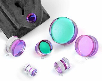 Glass Double Flare Purple Flashback Plugs 2g, 0g, 00g, 7/16", 1/2", 9/16", 5/8", 3/4", 7/8" and 1" :
