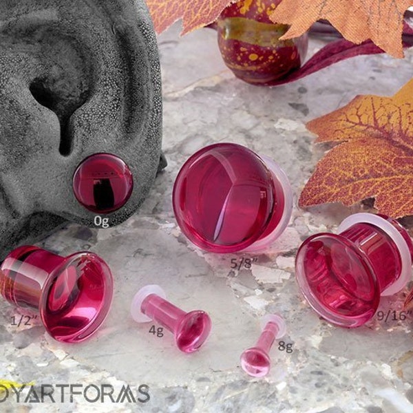 Single flare Cranberry glass plugs 8g, 6g, 4g, 2g (6mm), 1g (7mm), 0g, 00g (10mm), 1/2", 9/16", 5/8" (sold as pairs)