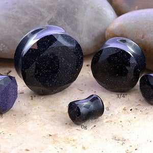 Double Flare Faceted Blue Goldstone Plugs 0g, 00g, 7/16", 12mm, 9/16", 5/8", 3/4", 7/8", and 1" (Sold as pairs)