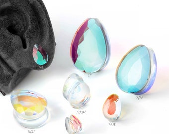 Glass Faceted Polaris Teardrop Plugs  2g, 0g, 00g/10mm, 7/16", 1/2", 9/16", 5/8", 3/4", 7/8", 1" :
