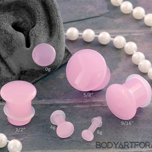 Single flare Pink Opalite plugs 8g, 6g, 4g, 2g (6mm), 1g (7mm), 0g, 00g (10mm), 1/2", 9/16", 5/8" (Sold as pairs)