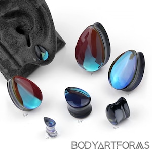 Glass Noir Teardrop Plugs  2g, 0g, 00g/10mm, 7/16&quot;, 1/2&quot;, 9/16&quot;, 5/8&quot;, 3/4&quot;, 7/8&quot;, 1&quot; :