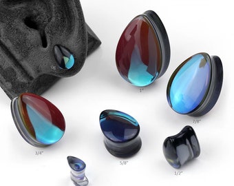 Glass Noir Teardrop Plugs  2g, 0g, 00g/10mm, 7/16", 1/2", 9/16", 5/8", 3/4", 7/8", 1" :