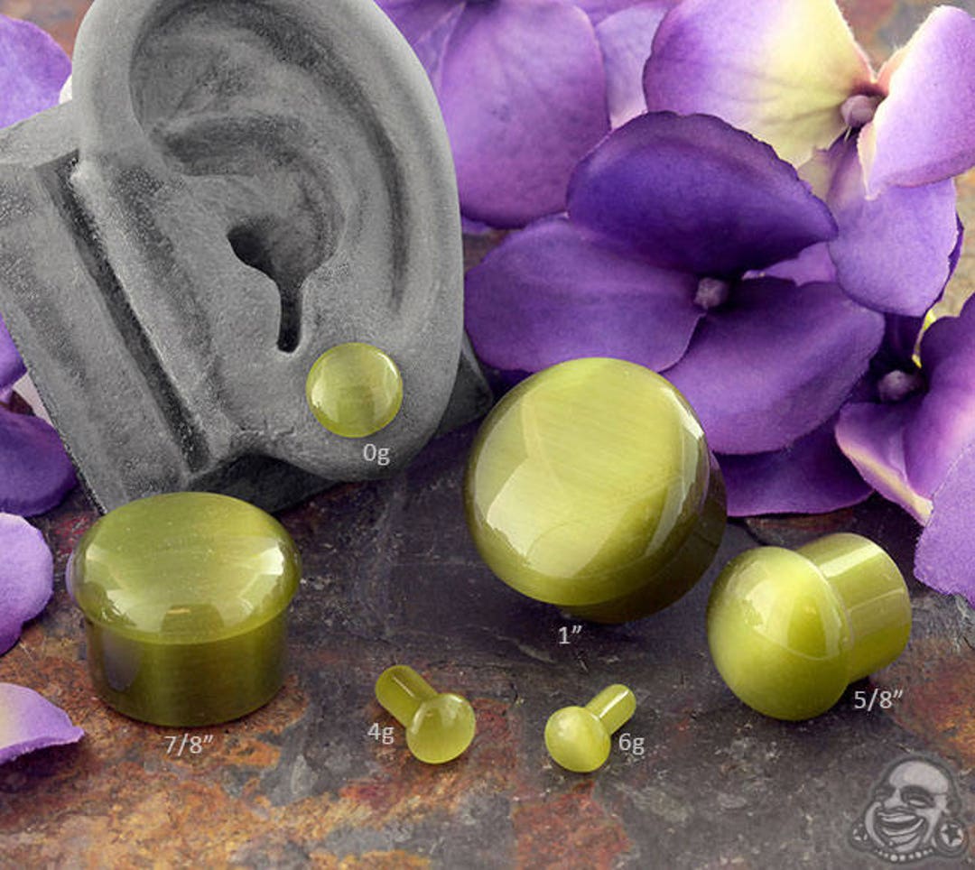 SF Peridot Cat Eye Plugs 6g, 4g, 2g 6mm, 0g, 00g 10mm, 7/16 11mm, 1/2