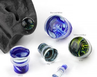 Single Flare Glass Marbling Plugs 4g (5mm), 2g(6mm), 1g (7mm), 0g (8mm), 00g (10mm), 7/16" (11mm), 13mm, 9/16"(14mm), 5/8"(16mm) (Pairs) :