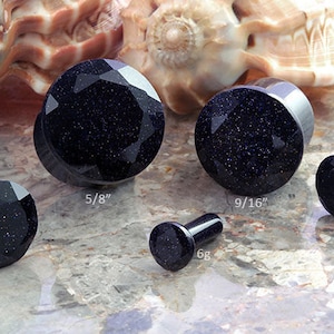 SF Faceted Blue Goldstone plugs 6g, 4g, 2g, 0g, 00g, 7/16, 1/2&quot;, 9/16&quot;, 5/8 (Sold as pairs)