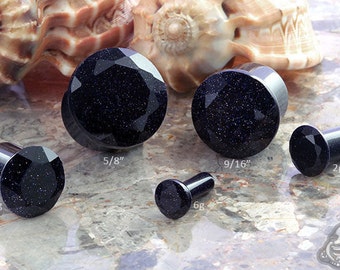 SF Faceted Blue Goldstone plugs 6g, 4g, 2g, 0g, 00g, 7/16, 1/2", 9/16", 5/8 (Sold as pairs)