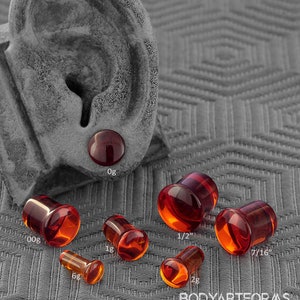 Single Flare Amber Glass Plugs 6g, 4g, 2g, 1g, 0g, 10mm, 7/16&quot;, 1/2&quot; (Sold as pairs)