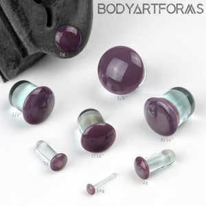 May include: Assortment of purple glass plugs in various sizes, including 0g, 5/8", 1/2", 7/16", 9/16", 5g, 2g, and 14g. The plugs are made of clear glass with a purple top.