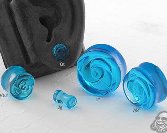 Double Flare Ocean Blue Rose Plugs 2g, 0g, 00g, 7/16", 1/2", 9/16", 5/8", 3/4", 7/8", 1 (Sold as pairs)