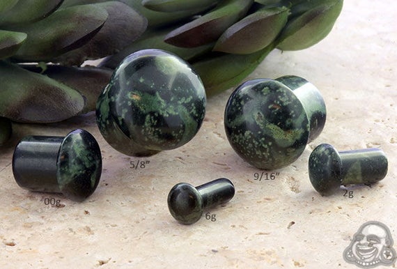 Single Flare Green Eye Jasper Plugs 6g, 2g, 0g, 00g, 7/16