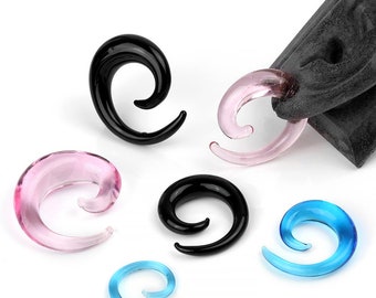 Glass Colored Spirals 8g (3mm), 6g (4mm), 4g (5mm), 2g (6mm), 1g (7mm), 0g (8mm), 00g (10mm), 7/16" (11mm), 1/2" (12.7mm) (Sold as pairs) :