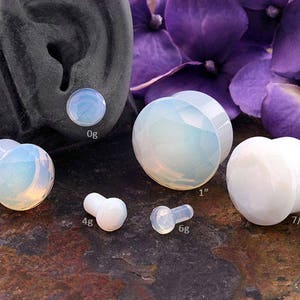 SF Faceted Opalite plugs 6g, 4g, 2g, 0g, 00g, 7/16&quot;, 1/2&quot;, 9/16&quot;, 5/8&quot; (Sold as pairs)