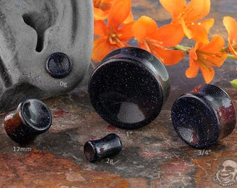 Concave Blue Goldstone plugs 2g, 0g (8mm), 00g (9.5mm), 7/16" (11mm), 12mm, 9/16" (14mm), 5/8" (16mm), 3/4" (19mm), 7/8" (22mm), 1" (25mm)