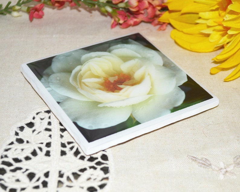 White Rose by Victoria Art Tile CT0102 Handmade Ceramic Coasters Set of 4