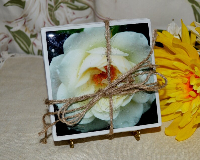 White Rose by Victoria Art Tile CT0102 Handmade Ceramic Coasters Set of 4