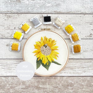 Op de afbeelding: Een PDF-borduurpatroon voor een zonnebloem met een bij erop. Het patroon bevat garenkleuren en DMC-nummers. Het patroon wordt weergegeven op een witte achtergrond met een houten frame.