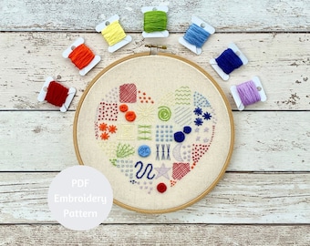 Rainbow Heart Embroidery Sampler, Heart Hand Embroidery Pattern, PDF