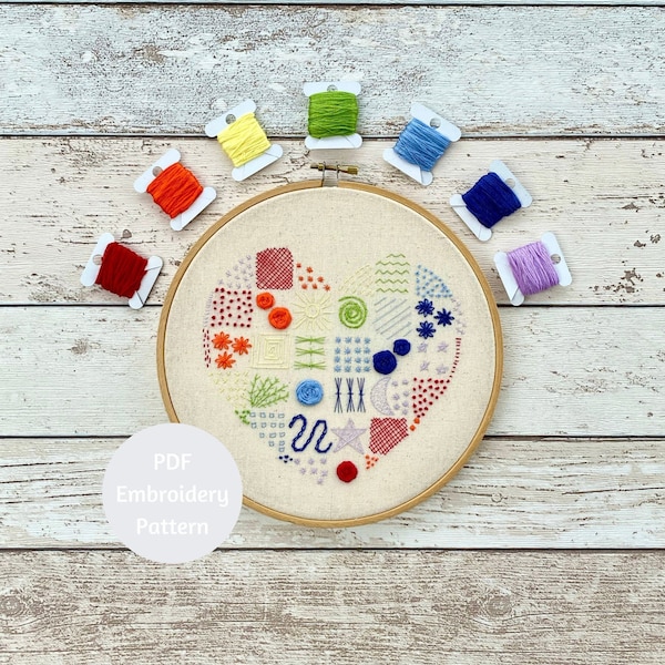 Samplerpatroon borduurmotief regenbooghart: handsteek voor beginners (pdf)