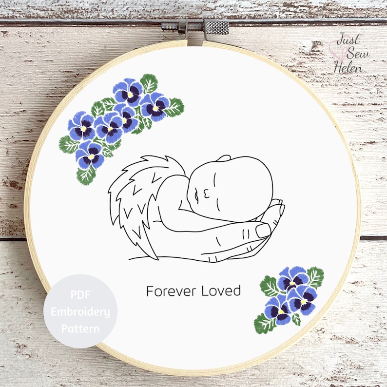 Angel Baby & Pansies Hand Embroidery Pattern Forever Loved PDF Pattern image 1