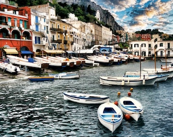 Capri Italy, Boats In Harbor Photo, Isle Of Capri, Italy Seascape, Capri Seascape Scene, Fine Art Photo, Painterly Look