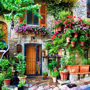 Flower Covered House, Assisi Italy Photo, Flower Pots, Umbria Wall Decor, Assisi Travel Print, Large Wall Art, Fine Art Photo