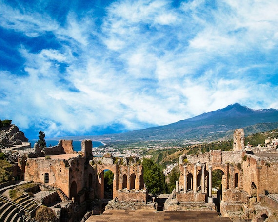 COASTAL THEATER RUINS OF TAORMINA SICILY ITALY PAINTING ART REAL CANVAS PRINT