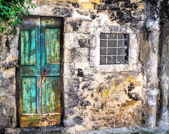 Old Wooden Door, Rustic Turquoise Door, Weathered Doors, Sicily Travel Photo, Modica Sicily, Door Photo, Stone Building, Painted Look