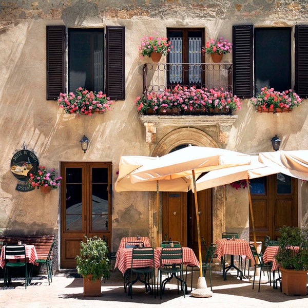 Tuscan Cafe , Pienza Italy, Trattoria Photo, Outdoor Cafe, Italy Wall Decor, Pienza Italy, Outside Tables, Fine Art Photo, Flowers Umbrellas