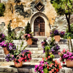 Colorful Stairway, Taormina Sicily, Taormina Sights, Wooden Door, Sicily Travel Photo, Sicily Wall Decor, Painterly Look