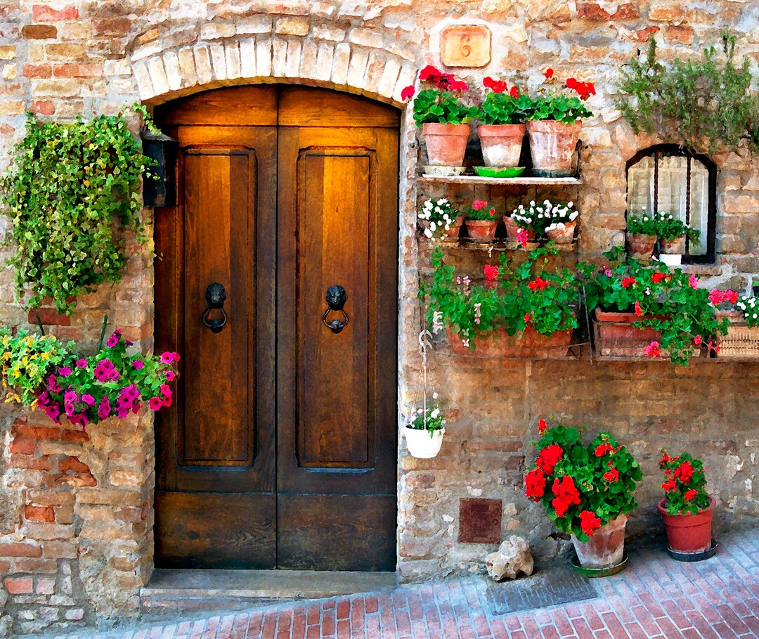 Wooden Door Photo, San Gimignano Italy, Door With Flowers Print, Brown