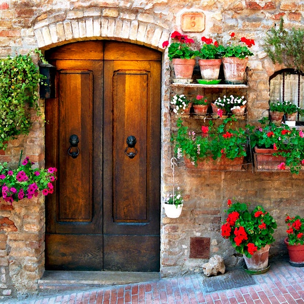 Wooden Door Photo, San Gimignano Italy, Door With Flowers Print, Brown Door Italy, Tuscany Old Door, Wall Decor Italy, Fine Art Photo