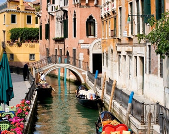 Venice Italy,  Canal And Bridge, Gondola And Buildings, Venice Wall Decor, Venice Canal Print, Colored  Buildings, Fine Art Photo