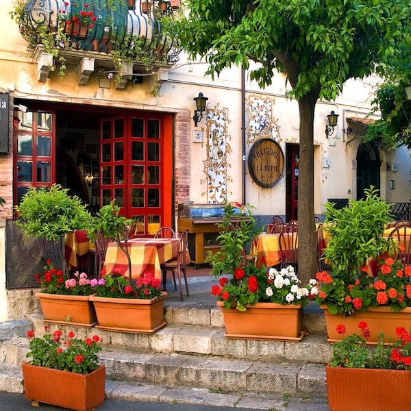 Taormina Sicily, Ristorante Print, Trattoria Photo, Outdoor Osteria, Sicily Decor, Large Wall Art Fine Art Photograph,Pizzeria