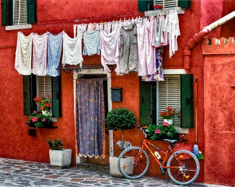 Italy Travel, Venice, Burano Italy, Red House, Washday Photograph, Painted Textured Look