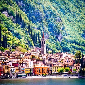 Varenna, Lake Como Italy, Varenna Village Photo, Multi Color Buildings, Mountains And Cypress Trees, Waterfront, Wall Decor, Italy Travel