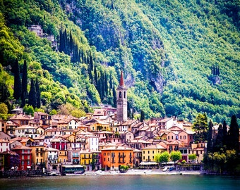 Varenna, Lake Como Italy, Varenna Village Photo, Multi Color Buildings, Mountains And Cypress Trees, Waterfront, Wall Decor, Italy Travel