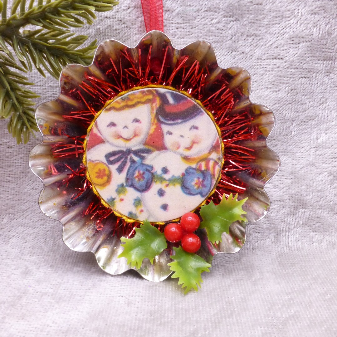 Vintage Tart Tin Reflector Christmas Ornament Snowman Couple Holly