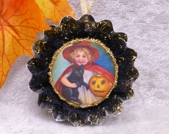 Tarta di latta vintage Ornamento di Halloween Riflettore Stile Strega Gatto Nero Zucca