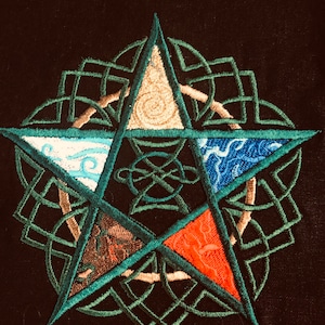 May include: Embroidered pentagram design featuring five triangles representing earth, air, fire, water, and spirit. The star is surrounded by a green Celtic knot design, with a black background.