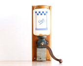 Antique French Coffee Grinder for Wall, Wall Mounted Coffee Mill, Blue and White Checkered, French Kitchen Decor, Coffee Shop Display