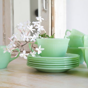 SOLD Fire King Jadeite Jane Ray Jadite Ribbed 6 Teacups & Saucers Anchor Hocking Coffee Cups, Green Mint Decor image 3